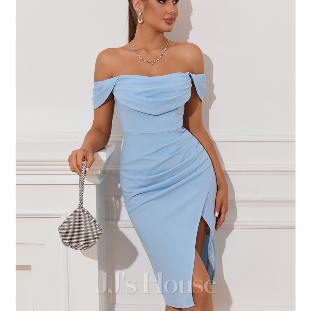 JJs House Blue Ruched Off-Shoulder Bodycon Dress